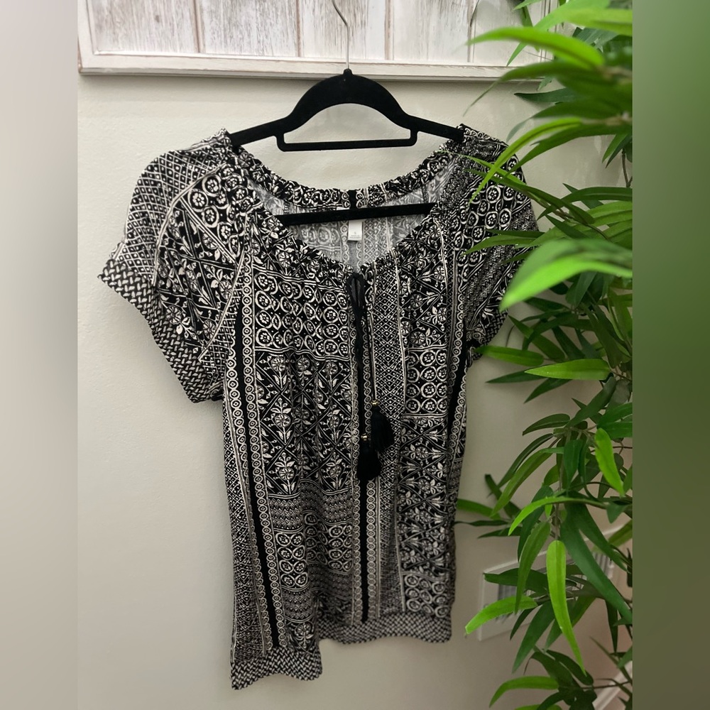 Westport 1962 Black & White Patterned Women's Top with Decorative Tassels,Size S